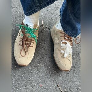 Miu Miu Beige Sneakers with Green and White Laces